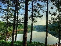 Drzewa, Jezioro, Las, Wzgórza