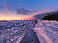 Drzewa, Śnieg, Słońca, Brzeg, Lód, Zachód