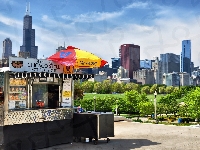 Panorama, Park, Kiosk, Drzewa, Chicago, Miasto