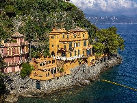 Portofino, Skała, Domy, Drzewa, Włochy, Morze