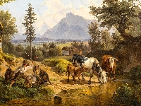 Kozy, Reprodukcja obrazu, Krowy, Wieś, Dom, Friedrich Gauermann, Rzeka, Drzewa, Chłopiec, Góry