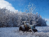 Zima, Drzewa, Oszronione, Traktor, Stary