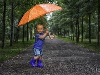 Drzewa, Deszcz, Dziecko, Parasol, Droga