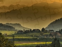Drzewa, Zmierzch, Góry, Pola, Jesienny