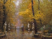 Drzewa, Obraz, Park, Posągi, Aleja