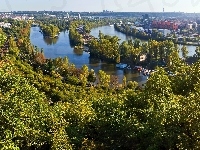 Drzewa, Miasto, Rzeka, Panorama