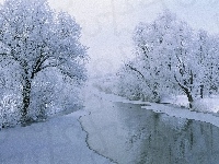 Śnieg, Rzeka, Drzewa, Mróz