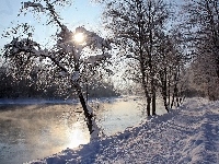Śnieg, Rzeka, Drzewa, Zima