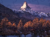 Jesień, Góry, Szwajcaria, Alpy Pennińskie, Las, Drzewa, Rzeka, Szczyt Matterhorn, Pożółkłe