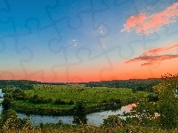 Drzewa, Słońca, Wzgórza, Rzeka, Zachód