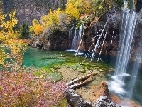 Drzewa, Wodospad, Liście, Jesień, Skały, Kolorowe