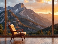 Drzewa, Zachód słońca, Góry, Fotel, Wazon, Widok, Pokój, Okno