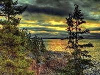 Drzewa, Jezioro, HDR, Chmury, Wybrzeże, Norwegia