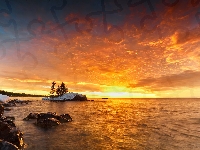 Stan Minnesota, Drzewa, Kamienie, Zachód słońca, Stany Zjednoczone, Jezioro Superior, Wyspa