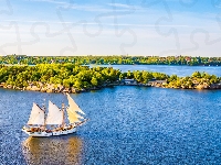 Vaxholm, Zatoki, Jezioro, Drzewa, Szwecja, Żaglówka