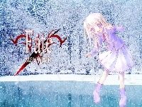 zima, drzewa, Fate Stay Night, dziewczyna, napisy