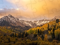 Góry, Kolorowe, Jesień, Drzewa, Mount Sneffels, Stan Kolorado, Stany Zjednoczone, Las, Wschód słońca
