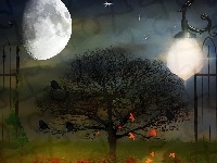 Drzewo, Księżyc, Obraz, Brama, Liście