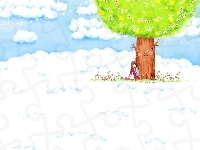 Drzewo, Zakochana, Dziewczyna, Chmury