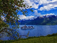 Statek, Norwegia, Fiord, Drzewo, Góry, Morze, Kwitnące