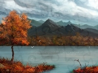 Drzewo, Jezioro, Góry, Jesień