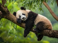 Liście, Panda, Śpiąca, Drzewo, Grafika, Konar