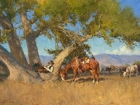 Drzewo, Malarstwo, Krowy, Obraz, Kowboj, Koń