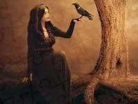 Drzewo, Kobieta, Kruk, Rysunek