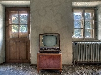 Telewizor, Okno, Zaniedbane, Wnętrze, Drzwi