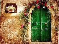 Drzwi, Dom, Zielone, Kwiaty