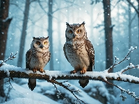 Zima, Dwie, Las, Gałąź, Sowy