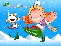 Dziecko, Snowboard, Zima, Śnieg, Pies
