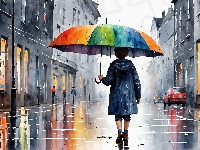 Ulica, Akwarela, Malarstwo, Dziecko, Domy, Parasol