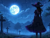 Grafika AI, Cmentarz, Dziewczyna, Krzyże, Halloween, Księżyc