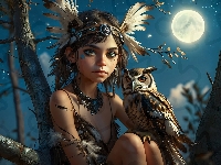 Pióropusz 2D, Hinduska, Dziewczyna, Sowa, Fantasy, Drzewo
