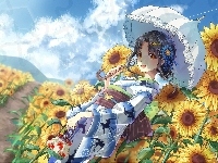 Dziewczyna, Słoneczniki, Manga Anime, Lato, Kimono