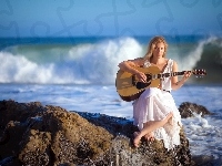 Dziewczyna, Morze, Skały, Gitara