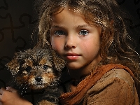 Dziecko, Dziewczynka, Długowłosa, Szczeniak, Pies