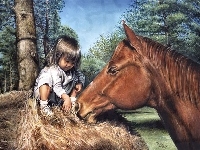 Koń, Dziewczynka, Drzewa
