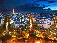 Noc, Paryż, Francja, Z Lotu Ptaka, Miasto, Oświetlone, Wieża Eiffla