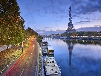Paryż, Eiffla, Drzewa, Rzeka, Droga, Francja, Statki, Wieża
