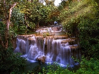 Wodospad Erawan, Drzewa, Kaskada, Tajlandia, Park Narodowy Erawan