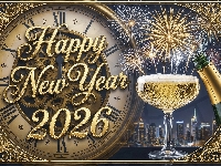 Napis, Nowy Rok, Sylwester, 2026, Happy New Year, Butelka, Fajerwerki, Zegar, Kieliszek