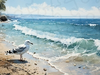 Morze, Fale, Plaża, Grafika, Mewa