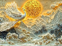 Drzewa, Zima, Góry, Fantasy, Paw, Biały, Słońce