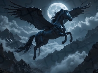Niebo, Koń, Księżyc, Fantasy, Skrzydła, Pegaz, Góry