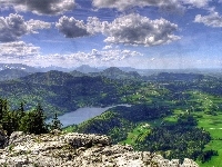 Farmy, Panorama, Góry, Rzeka, Pola