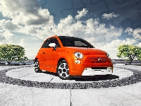 Drzewa, Auto, Pomarańczowe, Fiat 500, Plac, Niebo