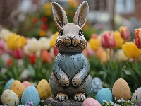 Wielkanoc, Figurka, Zając, Tulipany, Pisanki