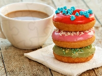 Pączki, Biała, Kawa, Filiżanka, Donuty, Lukrowane